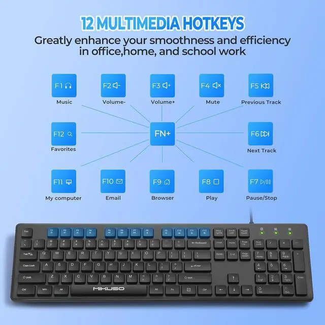 Alt view image 6 of 7 - Wired Computers Keyboard with Cover Comfortable Hand Feel,Laser Engraved Characters,12 Multimedia Keys USB Interface Suitable for Laptop PC,Full Size 104 Keyboards, Plug and Play, Office