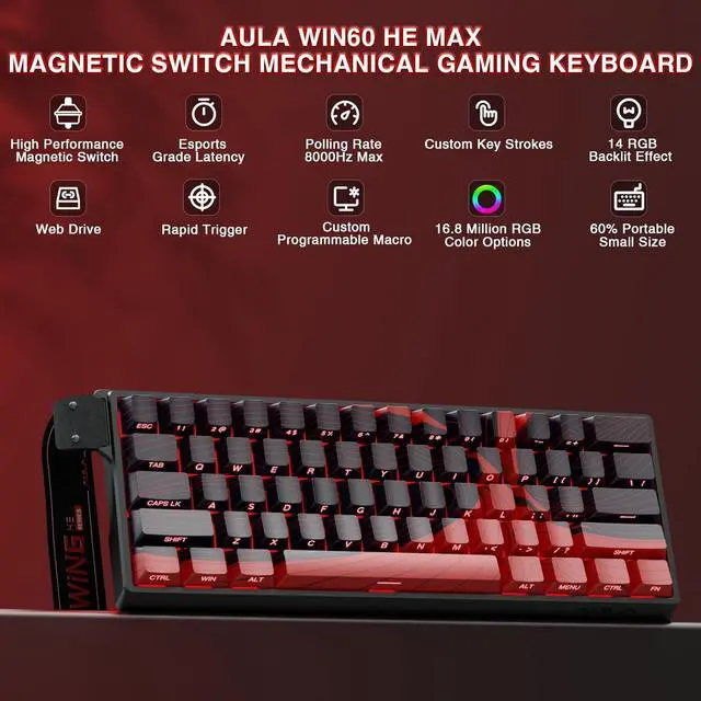 Alt view image 2 of 7 - AULA WIN60 HE MAX - 60% Mechanical Gaming Keyboard Wired, Hall Effect Magnetic Switches Hot Swappable, Adjustable Actuation Rapid Trigger Mode, 8000 Hz Polling Rate, 60 Percent Keyboard Compact Design