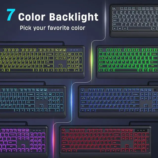 Alt view image 2 of 7 - Backlit Wired Keyboard, USB Lighted Computer Keyboards with 7 Colors Backlight, Full Size Silent Keyboard with Media Hotkey for Windows Desktop, PC, Laptop (Black, M)