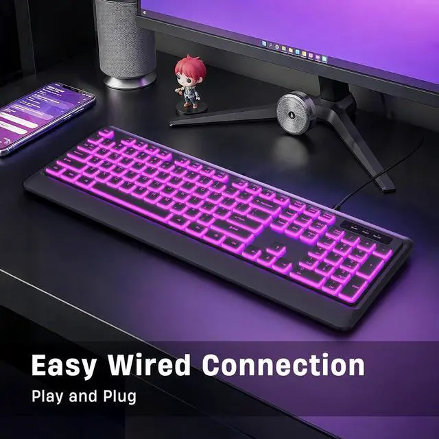 Alt view image 3 of 7 - Backlit Wired Keyboard, USB Lighted Computer Keyboards with 7 Colors Backlight, Full Size Silent Keyboard with Media Hotkey for Windows Desktop, PC, Laptop (Black, M)