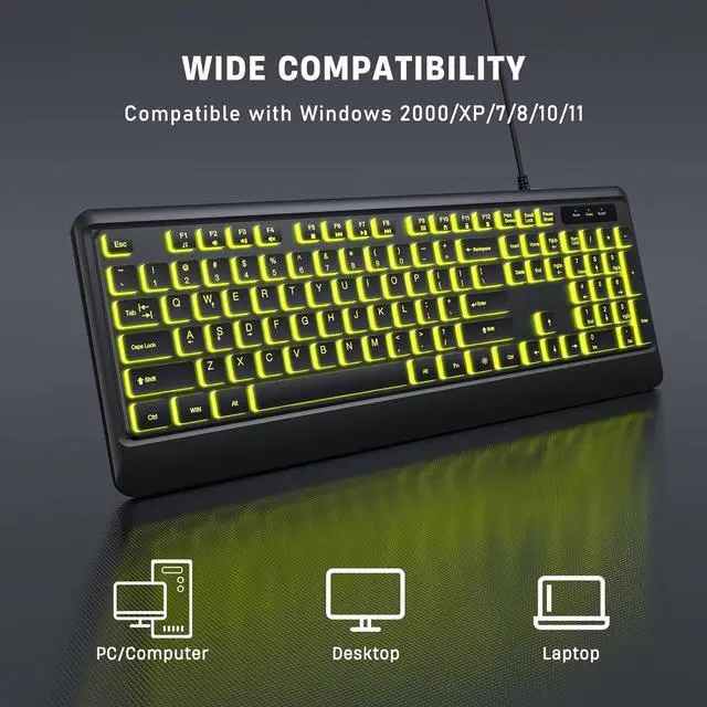 Alt view image 6 of 7 - Backlit Wired Keyboard, USB Lighted Computer Keyboards with 7 Colors Backlight, Full Size Silent Keyboard with Media Hotkey for Windows Desktop, PC, Laptop (Black, M)
