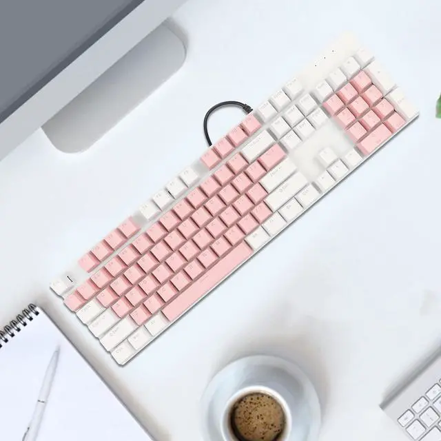 Alt view image 5 of 7 - 104 Key Mechanical Gaming Keyboard, RGB Backlit, Blue Switch, Wired USB Connection, for and, 28 Custom Lighting Modes (Pink and White)