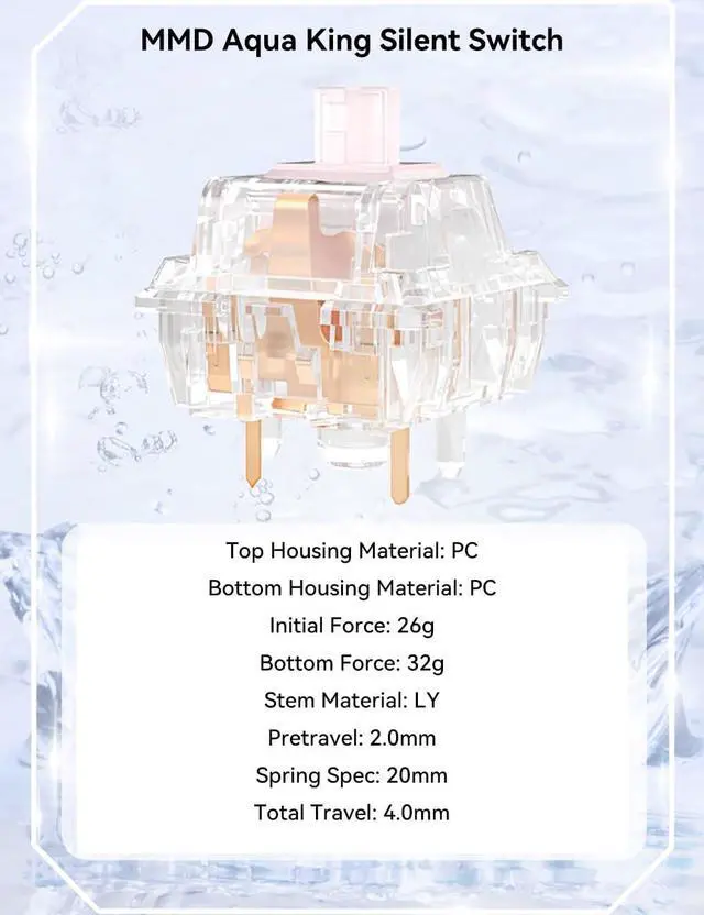 Alt view image 6 of 6 - MMD Aqua King Silent Switch, Pre-Lubed Silent 26g Linear Transparent Switch for Custom Mechanical Keyboard(110PCS)
