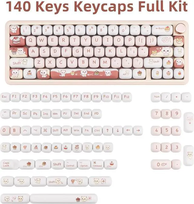 Alt view image 2 of 7 - COOMICKEY PBT Keycaps, MOG Profile Cute Cat Key Caps 60 75 100 Percent, 140 Keys Brown White Kawaii Keycaps Set, Custom Keyboard Key Caps for Cherry Gateron MX Switches Keyboard