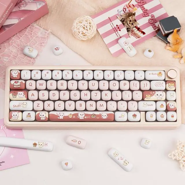 Alt view image 6 of 7 - COOMICKEY PBT Keycaps, MOG Profile Cute Cat Key Caps 60 75 100 Percent, 140 Keys Brown White Kawaii Keycaps Set, Custom Keyboard Key Caps for Cherry Gateron MX Switches Keyboard