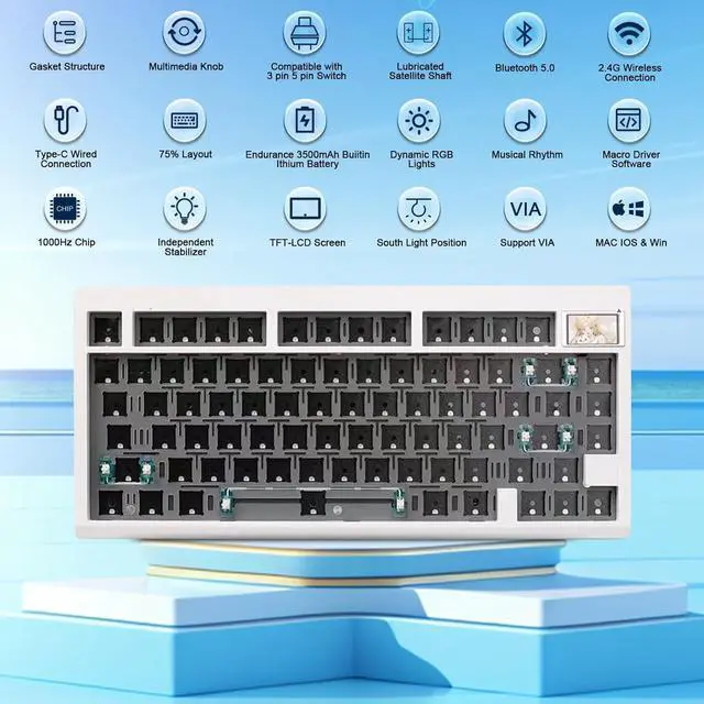 Alt view image 6 of 7 - ZUOYA GMK81 Mechanical Keyboard Kit,75% Triple Mode BT5.0/USB-C Wired/2.4GHz Wireless Keyboard RGB Programmable Gasket-Mounted DIY Kit Hot Swap PCB Barebones for Win/Mac (White)