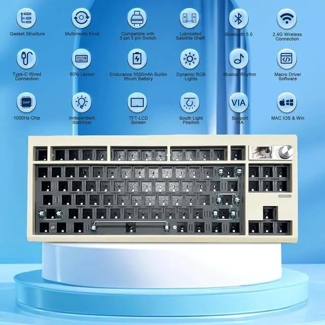 Alt view image 2 of 7 - ZUOYA GMK87 TKL Mechanical Keyboard Kit,75% BT5.0/2.4Ghz/Wired Wireless Gaming DIY Kit VIA Programmable RGB Hot-Swap 87Keys Gasket Mount Compact Keyboard Custom Barebones with TFT Screen&Knob (Brown)