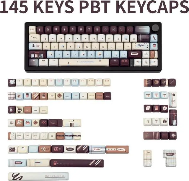 Alt view image 2 of 7 - TIMSEKER 145-Key MOA Profile PBT Dye-Sublimation Keycaps - Vintage Blue, Brown & Cream Colorway Custom Keycaps for ANSI/ISO Layout Mechanical Keyboards