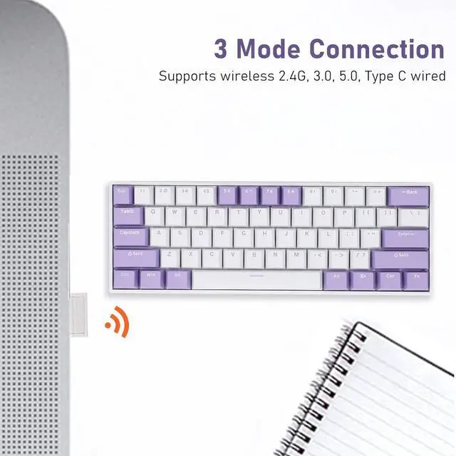 Alt view image 2 of 7 - Mechanical Gaming Keyboard, Cute Small Size RGB Backlight Long Lasting Battery, Quick Response Red Switch 2.4G 3.0 5.0 Type C Wired Hot Swappable, Double Layer Padding