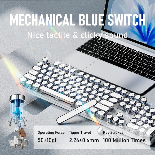 Alt view image 4 of 7 - Wired Typewriter-Style Mechanical Gaming Keyboard White Backlit (White)