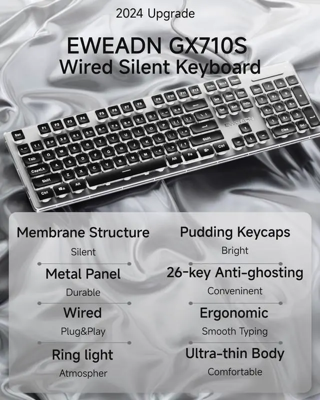 Alt view image 2 of 6 - SEUNKWANG EWEADN GX710S Backlit Computer Keyboards, Wired USB Keyboard with White Backlit, Metal Panel, Plug and Play, Pudding Keycaps Full Size Quite Computer Keyboard for Win/PC/Laptop-Black