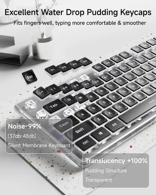 Alt view image 4 of 6 - SEUNKWANG EWEADN GX710S Backlit Computer Keyboards, Wired USB Keyboard with White Backlit, Metal Panel, Plug and Play, Pudding Keycaps Full Size Quite Computer Keyboard for Win/PC/Laptop-Black