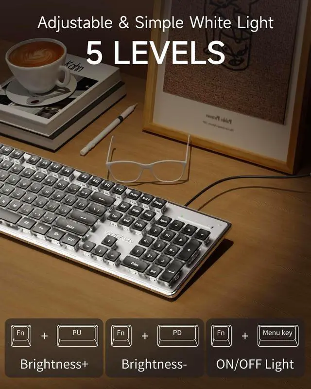 Alt view image 5 of 6 - SEUNKWANG EWEADN GX710S Backlit Computer Keyboards, Wired USB Keyboard with White Backlit, Metal Panel, Plug and Play, Pudding Keycaps Full Size Quite Computer Keyboard for Win/PC/Laptop-Black