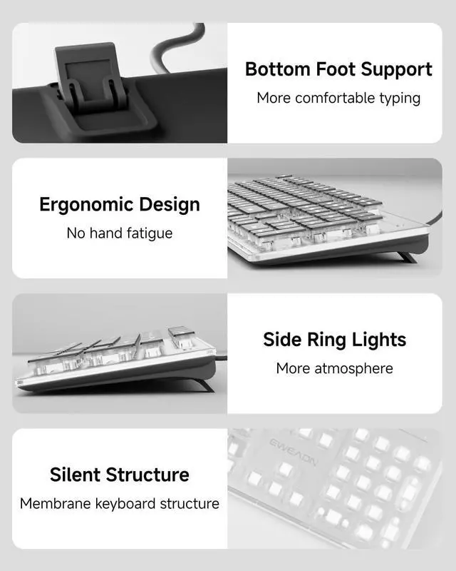 Alt view image 6 of 6 - SEUNKWANG EWEADN GX710S Backlit Computer Keyboards, Wired USB Keyboard with White Backlit, Metal Panel, Plug and Play, Pudding Keycaps Full Size Quite Computer Keyboard for Win/PC/Laptop-Black