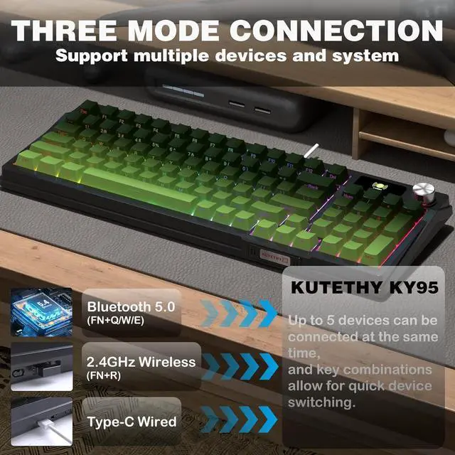 Alt view image 2 of 7 - Zhouwang KUTETHY Wireless Mechanical Keyboard with Knob,Pre-lubed Clicky Switches,Tri-Mode BT5.0/2.4GHz/USB-C/Hot Swappable/Gasket Structure/RGB Backlit Computer Gaming Keyboard (Bamboo)