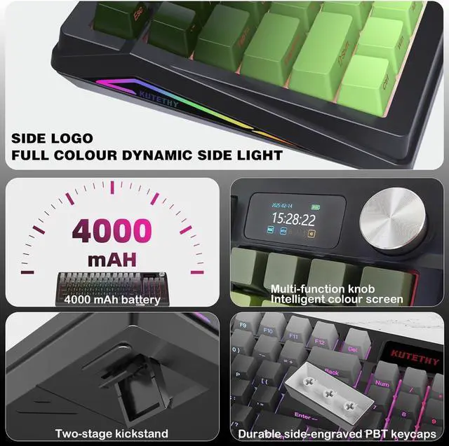 Alt view image 3 of 7 - Zhouwang KUTETHY Wireless Mechanical Keyboard with Knob,Pre-lubed Clicky Switches,Tri-Mode BT5.0/2.4GHz/USB-C/Hot Swappable/Gasket Structure/RGB Backlit Computer Gaming Keyboard (Bamboo)