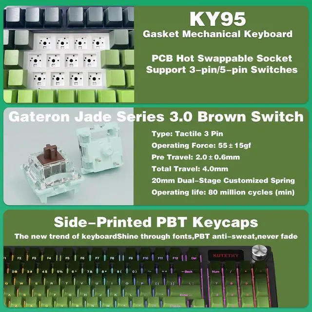 Alt view image 5 of 7 - Zhouwang KUTETHY Wireless Mechanical Keyboard with Knob,Pre-lubed Tactile Switches,Tri-Mode BT5.0/2.4GHz/USB-C/Hot Swappable/Gasket Structure/RGB Backlit Computer Gaming Keyboard (3.0 Brown)