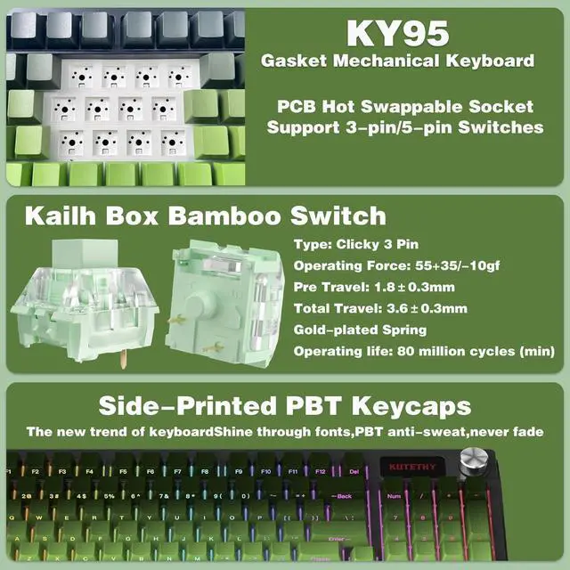 Alt view image 4 of 7 - Zhouwang KUTETHY Wireless Mechanical Keyboard with Knob,Pre-lubed Clicky Switches,Tri-Mode BT5.0/2.4GHz/USB-C/Hot Swappable/Gasket Structure/RGB Backlit Computer Gaming Keyboard (Bamboo)
