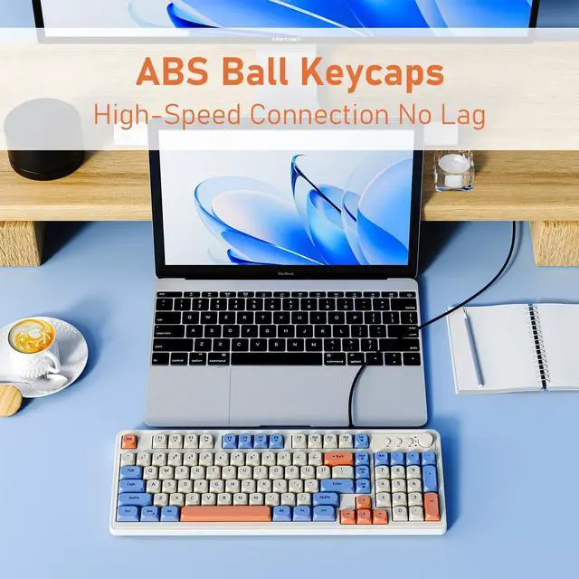 Alt view image 3 of 7 - SEUNKWANG EWEADN G98 RGB Gaming Keyboard Wired, Retro Creamy Membrane Keyboards with Media Knob, Number Pad RGB Backlit, 98 Keys Quite Membrane Computer Keyboard for MAC Xbox PC Gamer -White&Blue