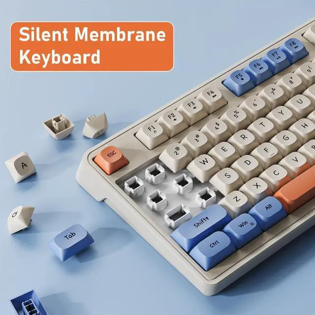 Alt view image 6 of 7 - SEUNKWANG EWEADN G98 RGB Gaming Keyboard Wired, Retro Creamy Membrane Keyboards with Media Knob, Number Pad RGB Backlit, 98 Keys Quite Membrane Computer Keyboard for MAC Xbox PC Gamer -White&Blue