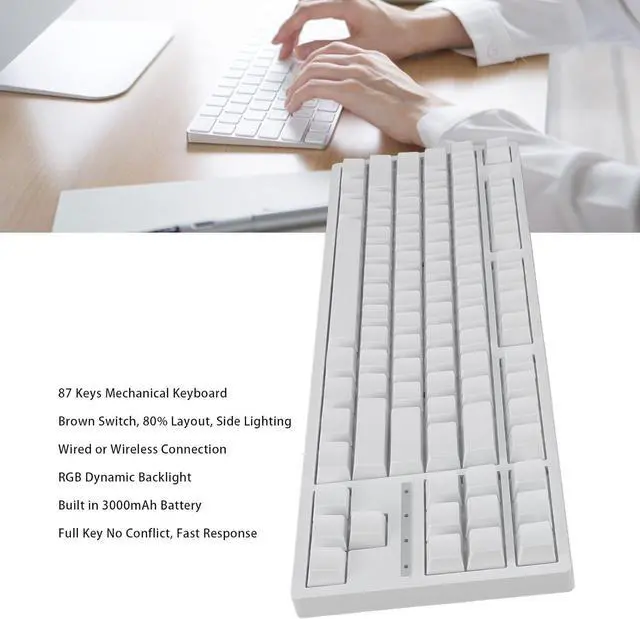 Alt view image 4 of 7 - 80% Mechanical Keyboard, RGB Brown Switch Keyboard 2.4G BT3.0 5.0, Full Key No Conflict, Ergonomic Support, Double Layer Filling, White with Transparent Side Lighting, Ideal for