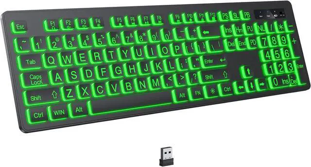 Main image of Large Print Backlit Wireless Keyboard, 2.4G Silent Wireless Light Up Keyboard, Full Size Computer Keyboards with 7 Colored Backlits, Rechargeable Keyboards for Windows, PC, Laptop