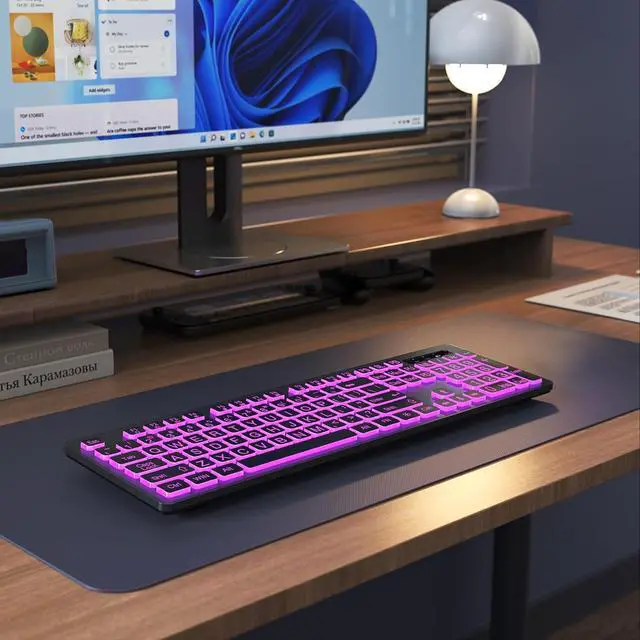Alt view image 5 of 7 - Large Print Backlit Wireless Keyboard, 2.4G Silent Wireless Light Up Keyboard, Full Size Computer Keyboards with 7 Colored Backlits, Rechargeable Keyboards for Windows, PC, Laptop