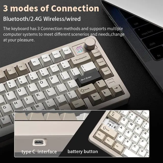 Alt view image 5 of 6 - Sequin XQT F75 Tir-Mode 75% Mechanical Gaming Keyboard,Programmable,RGB Backlit,80 Keys Hot Swappable,8000 mAh Battery,Gray(Matcha Latte Switch)