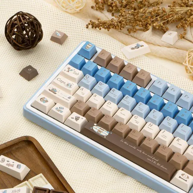 Alt view image 2 of 7 - 130 Keys Aesthetic Blue Keycaps Set, PBT Cherry Profile Keycaps, Custom Five Side Dye Sub Keycaps, Chocolate Keycaps Blue and Cream Keycaps 1.7mm Thick PBT Keycaps for Mechanical Keyboard