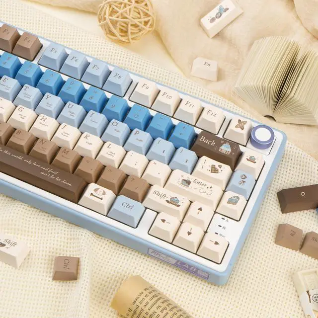 Alt view image 3 of 7 - 130 Keys Aesthetic Blue Keycaps Set, PBT Cherry Profile Keycaps, Custom Five Side Dye Sub Keycaps, Chocolate Keycaps Blue and Cream Keycaps 1.7mm Thick PBT Keycaps for Mechanical Keyboard