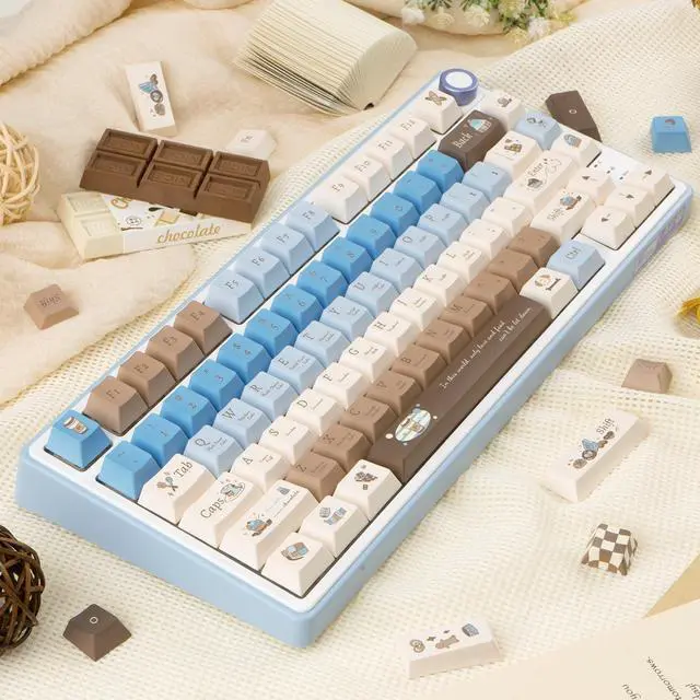 Alt view image 4 of 7 - 130 Keys Aesthetic Blue Keycaps Set, PBT Cherry Profile Keycaps, Custom Five Side Dye Sub Keycaps, Chocolate Keycaps Blue and Cream Keycaps 1.7mm Thick PBT Keycaps for Mechanical Keyboard