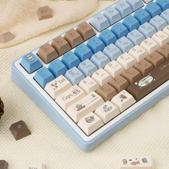 Alt view image 6 of 7 - 130 Keys Aesthetic Blue Keycaps Set, PBT Cherry Profile Keycaps, Custom Five Side Dye Sub Keycaps, Chocolate Keycaps Blue and Cream Keycaps 1.7mm Thick PBT Keycaps for Mechanical Keyboard