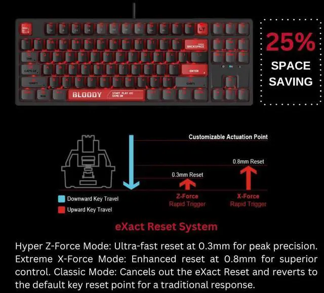 Alt view image 3 of 7 - Bloody AT87 Alpha Optical Switch Performance Keyboard - Black, High-Precision, Customizable Actuation Points, RGB Backlit, 87-Key Compact Design, Ergonomic Gaming Keyboard