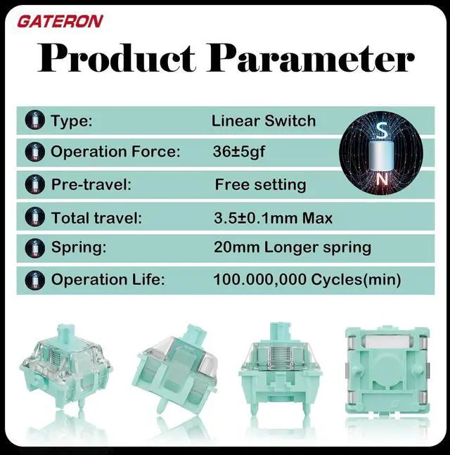 Alt view image 2 of 6 - Gateron Magnetic Emperor Keyboard Switches,Factory Pre-lubed Linear Switches for Magnetic Gaming Keyboard(36PCS)