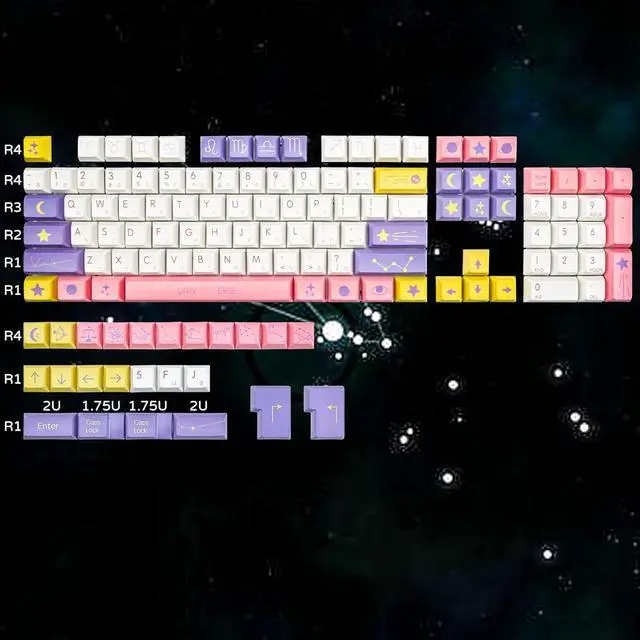 Alt view image 2 of 6 - PBT Keycaps,128 Keys Customized Keycap Set,XDA Cute Moon and Stars Theme Key Caps Compatible with 100% 80% 60% MX Switches Mechanical Keyboard