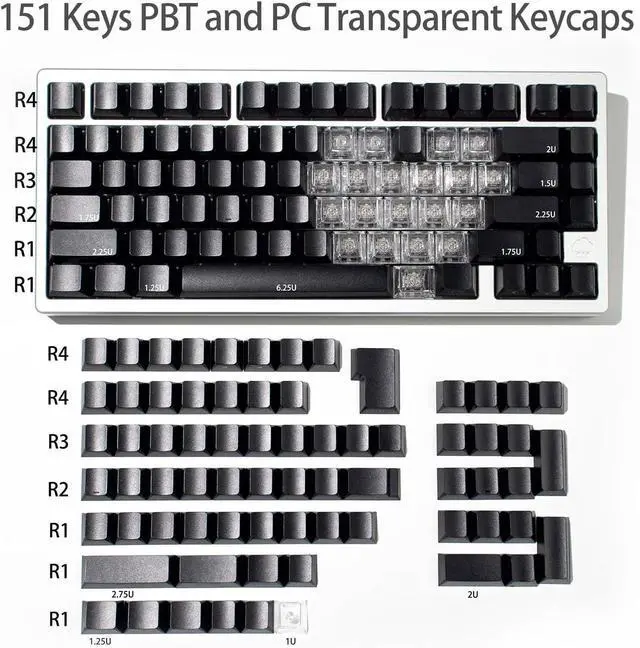 Alt view image 7 of 7 - mintcaps Keyboard Keycaps -151keys Black Shine Through Keycaps and Clear Transparent Keycaps, 75 Percent Doubleshot PBT Side Printed Keycap for Mechanical Gaming Keyboards