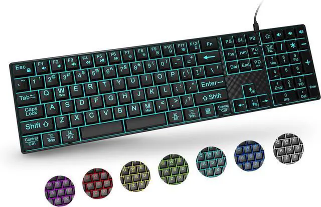 Main image of Large Print Backlit Keyboard, Quiet USB Wired Computer Keyboards, Full Size Keyboard with 7-Color & 6 Modes Backlit, Compatible for Windows/Mac, MacBook Pro/Air, Desktop, Laptop, PC, Gaming