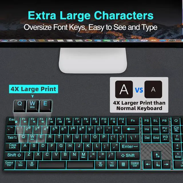 Alt view image 2 of 6 - Large Print Backlit Keyboard, Quiet USB Wired Computer Keyboards, Full Size Keyboard with 7-Color & 6 Modes Backlit, Compatible for Windows/Mac, MacBook Pro/Air, Desktop, Laptop, PC, Gaming