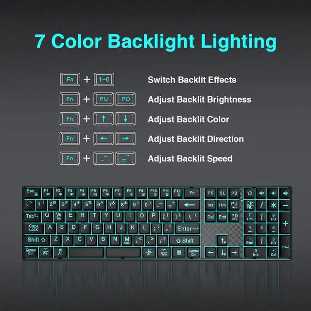 Alt view image 4 of 6 - Large Print Backlit Keyboard, Quiet USB Wired Computer Keyboards, Full Size Keyboard with 7-Color & 6 Modes Backlit, Compatible for Windows/Mac, MacBook Pro/Air, Desktop, Laptop, PC, Gaming