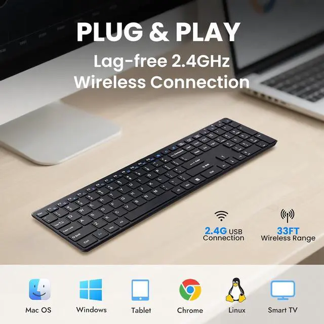 Alt view image 5 of 7 - Wireless Keyboard-2.4G USB Ultra Slim Quiet Full Size Matte PC Computer Keyboard,19 Multimedia Keys,Number Pad,Plug&Play,Lag-Free Ergo,Long Battery life for Desktop,Laptop,Smart TV,MAC,Windows,QWERTY