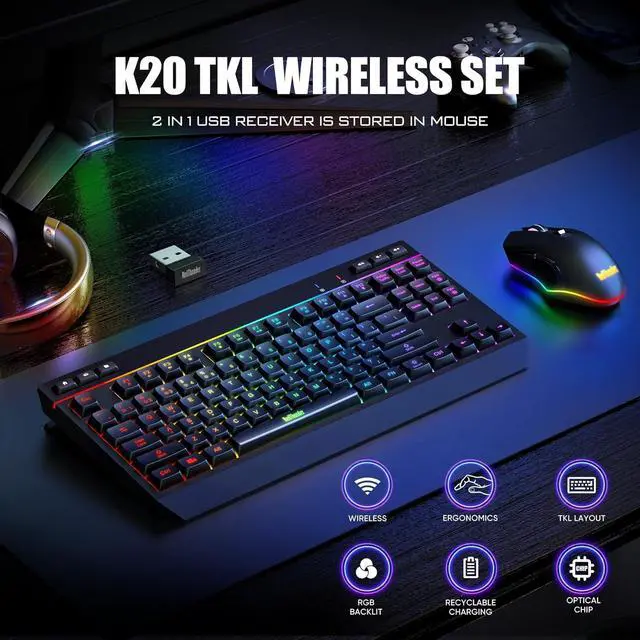 Alt view image 2 of 7 - RedThunder K20 TKL Wireless Keyboard and Mouse Combo, Adjustable RGB Backlit Rechargeable Battery, Compact Layout Keyboard with Dedicated Multimedia Keys + Optical Mice for PC/Laptop(Black)