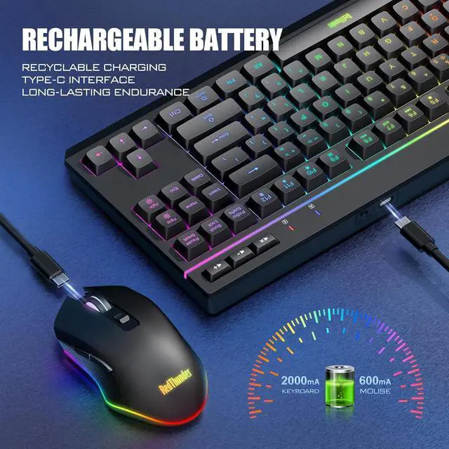 Alt view image 3 of 7 - RedThunder K20 TKL Wireless Keyboard and Mouse Combo, Adjustable RGB Backlit Rechargeable Battery, Compact Layout Keyboard with Dedicated Multimedia Keys + Optical Mice for PC/Laptop(Black)
