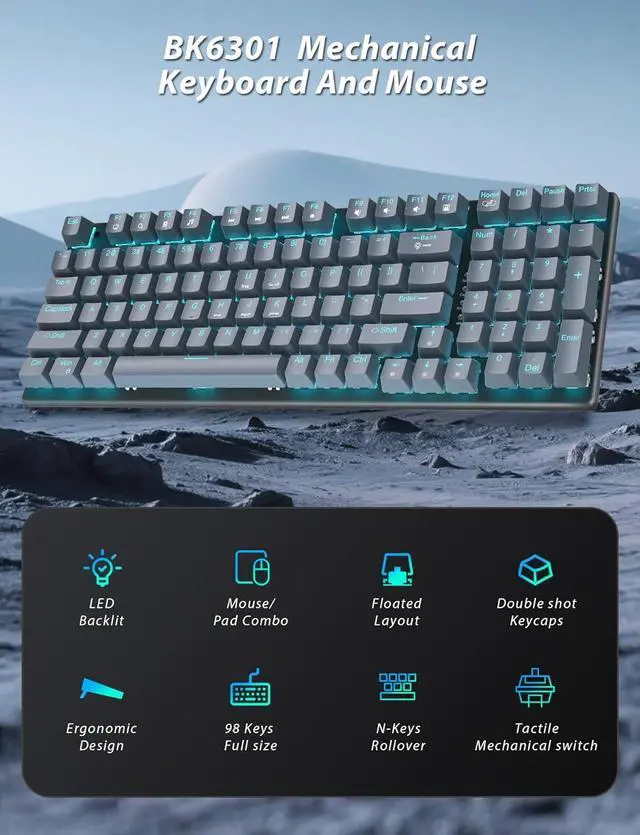 Alt view image 2 of 7 - Mechanical Gaming Keyboard and Mouse, LED Backlit 98-Key Floating Keycap & 4 DPI RGB Gaming Mouse with Mouse Pad, Full Anti-Ghost Light Up Wired Computer Keyboards for MAC PC Gamer Accessories, Gray