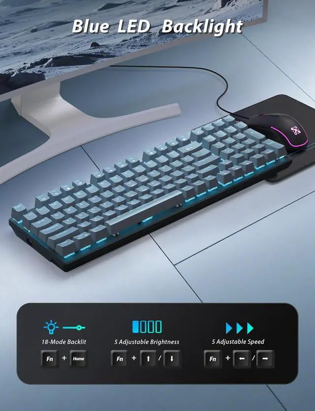Alt view image 4 of 7 - Mechanical Gaming Keyboard and Mouse, LED Backlit 98-Key Floating Keycap & 4 DPI RGB Gaming Mouse with Mouse Pad, Full Anti-Ghost Light Up Wired Computer Keyboards for MAC PC Gamer Accessories, Gray
