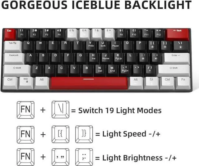 Alt view image 5 of 7 - 60% Mechanical Gaming Keyboard,Mixed Color Keycaps Gaming Keyboard with Linear Red Switches, Detachable Type-C Cable Mini Keyboard with Blue LED Light for PC/Laptop