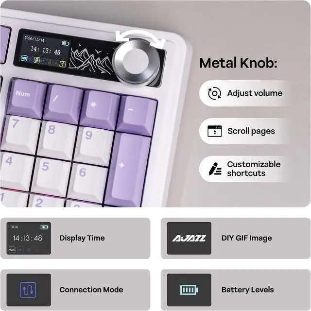 Alt view image 3 of 7 - AJAZZ AK980 96% USB-C/BT5.0/2.4GHz Wireless Gaming Keyboard with 1.14 TFT Screen, Hot Swappable Creamy Mechanical Keyboard with FR4 Plate, Knob, RGB for Win/Mac (White, Gift V2 Switch)