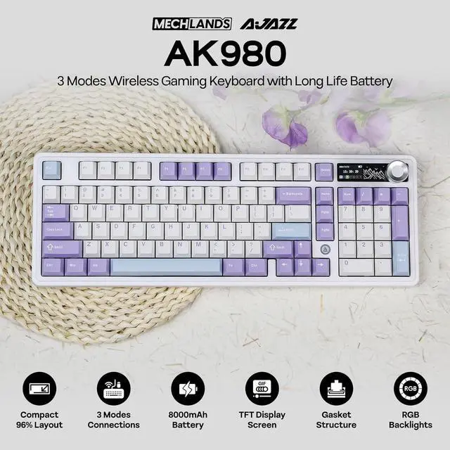 Alt view image 2 of 7 - AJAZZ AK980 96% USB-C/BT5.0/2.4GHz Wireless Gaming Keyboard with 1.14 TFT Screen, Hot Swappable Creamy Mechanical Keyboard with FR4 Plate, Knob, RGB for Win/Mac (White, Gift V2 Switch)