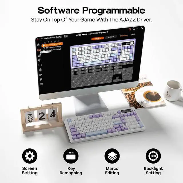 Alt view image 7 of 7 - AJAZZ AK980 96% USB-C/BT5.0/2.4GHz Wireless Gaming Keyboard with 1.14 TFT Screen, Hot Swappable Creamy Mechanical Keyboard with FR4 Plate, Knob, RGB for Win/Mac (White, Gift V2 Switch)