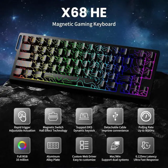 Alt view image 2 of 7 - ATTACK SHARK X68 HE 8000Hz Rapid Trigger Keyboard, 0.01mm RT Accuracy Wired Gaming Keyboard with Magnetic Switch, Adjustable Actuation, Rapid Trigger, Snap Tap, RGB Lighting for PC/Mac, Black Contours