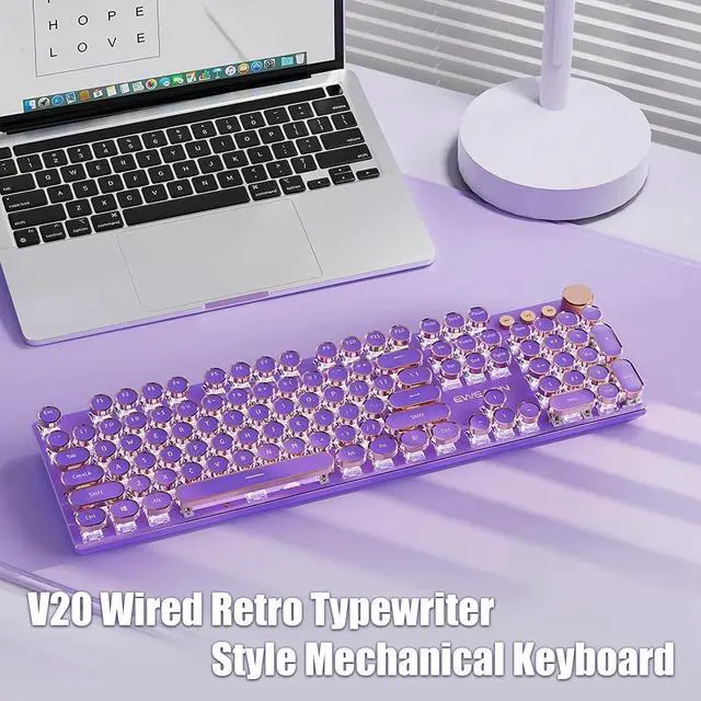 Alt view image 2 of 7 - Typewriter Style Mechanical Gaming Keyboard White LED Backlit 104-Key NKRO Pink Switches Retro Round Keycaps Golden Ring Volume Knob Metal Panel Wired USB-C Detachable Cable, Purple